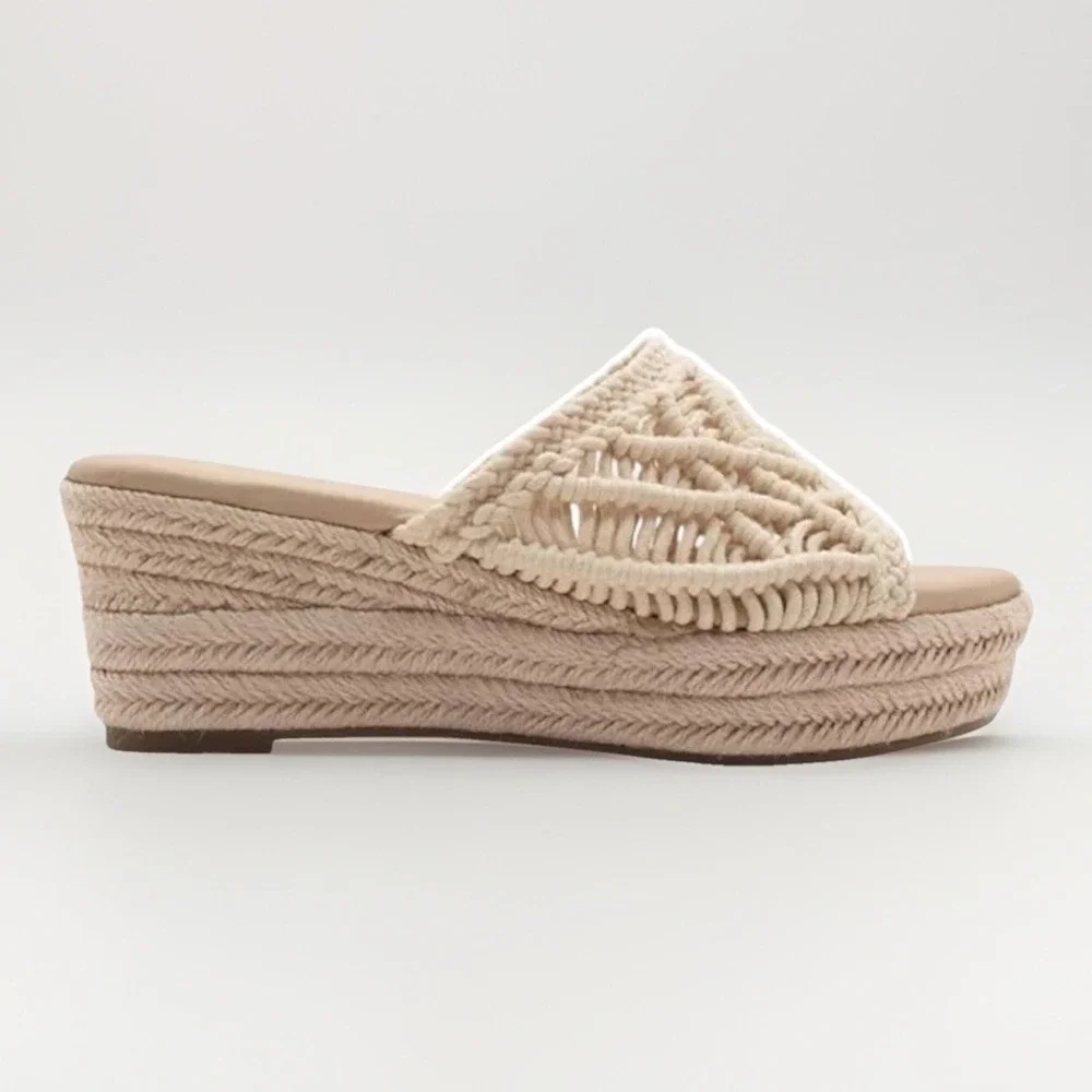 Sbicca Eureka Macrame Wedge Natural Beige Espadrille Size 9M Women Slide Sandals